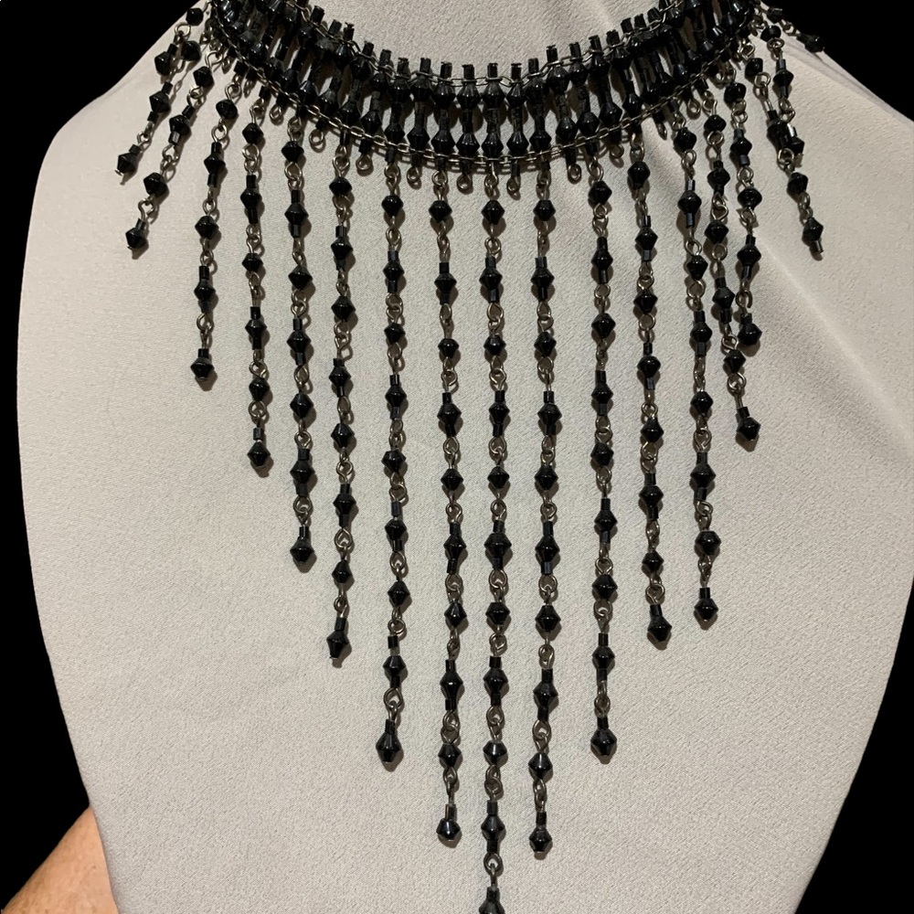 Black choker with tapered strands, bracelet and earrings set